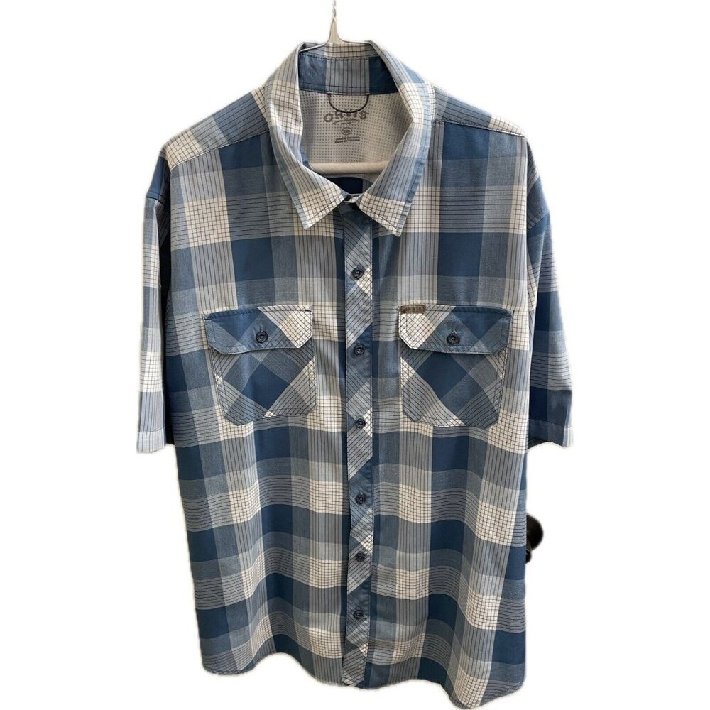 Orvis Tech Shirt  Blue White Plaid Shirt Short Sleeve Outdoor Hiking Size XXL